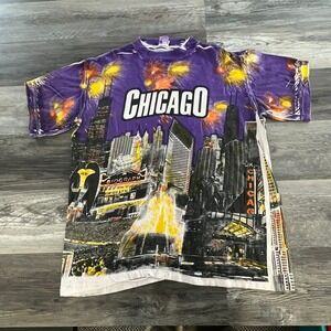 Vintage 90's Chicago Skyline T-Shirt AOP Purple Mens XL‎ Single Stitch Tee